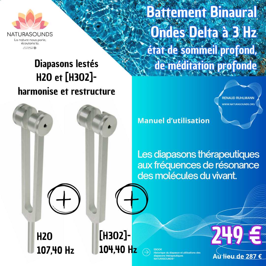 BUNDLE 2 Set di 2 diapason terapeutici ponderati frequenze dell'acqua 104,4 & 107,4 Hz con manuale
